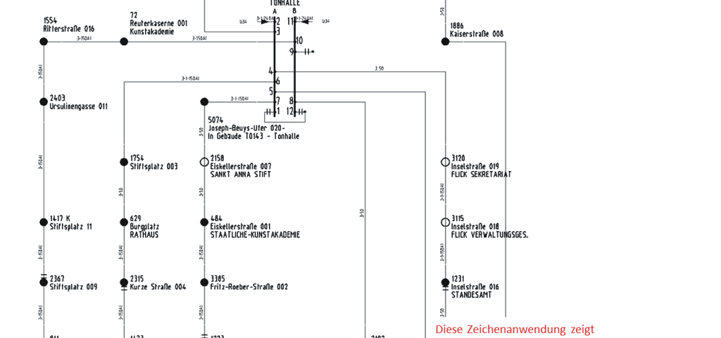 Diese Zeichenanwendung zeigt die Darstellung für den Plot: Ortsnetztransformatoren werden nicht dargestellt, statt aller Schalter nur die anstehenden Spannungen, etc.