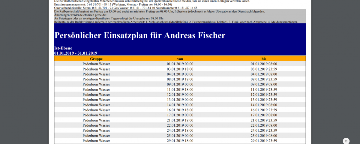 Bereitschaftsplanung - Persönlicher Einsatzplan