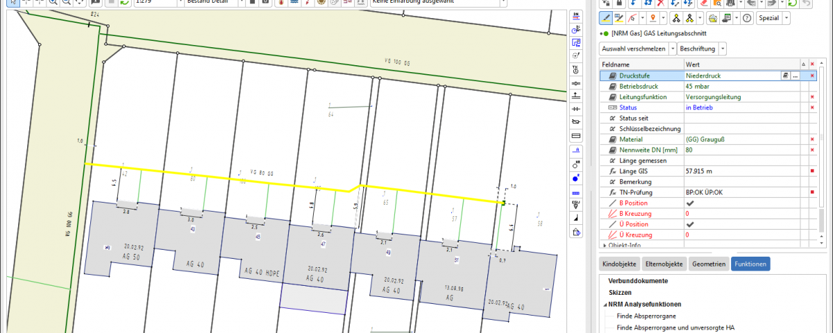 Smallworld Fachschale Gas - Leitungen mit Bemaßung